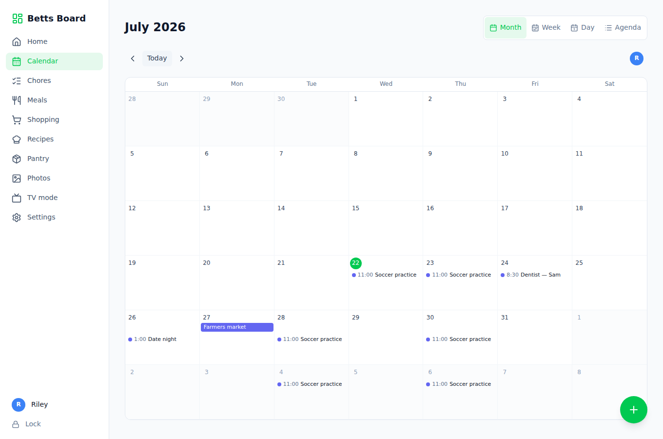 Betts Board calendar in month view, colour-coded per family member